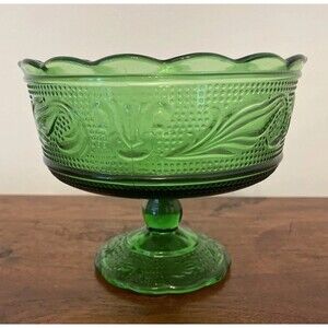 Vtg E.O. Brody Emerald Green Fruit Pedestal Glass Bowl Candy Dish Holiday 1950’s